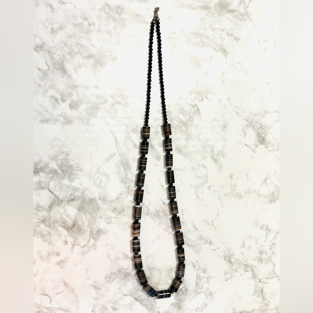 Agate Natural Semiprecious Gemstone Beaded Necklace Long Sterling Silver 925